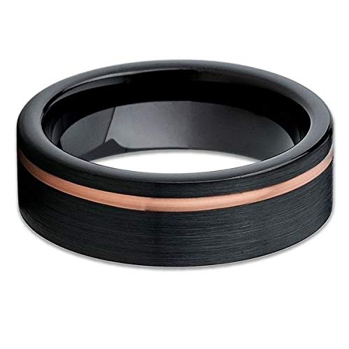Rose Gold Tungsten Wedding Band - Black Tungsten Ring for Men & Women - 8mm Comfort Fit Wedding Ring - 18K Rose Gold Anniversary & Engagement Ring - Perfect for Weddings, Proposals & Special Occasions