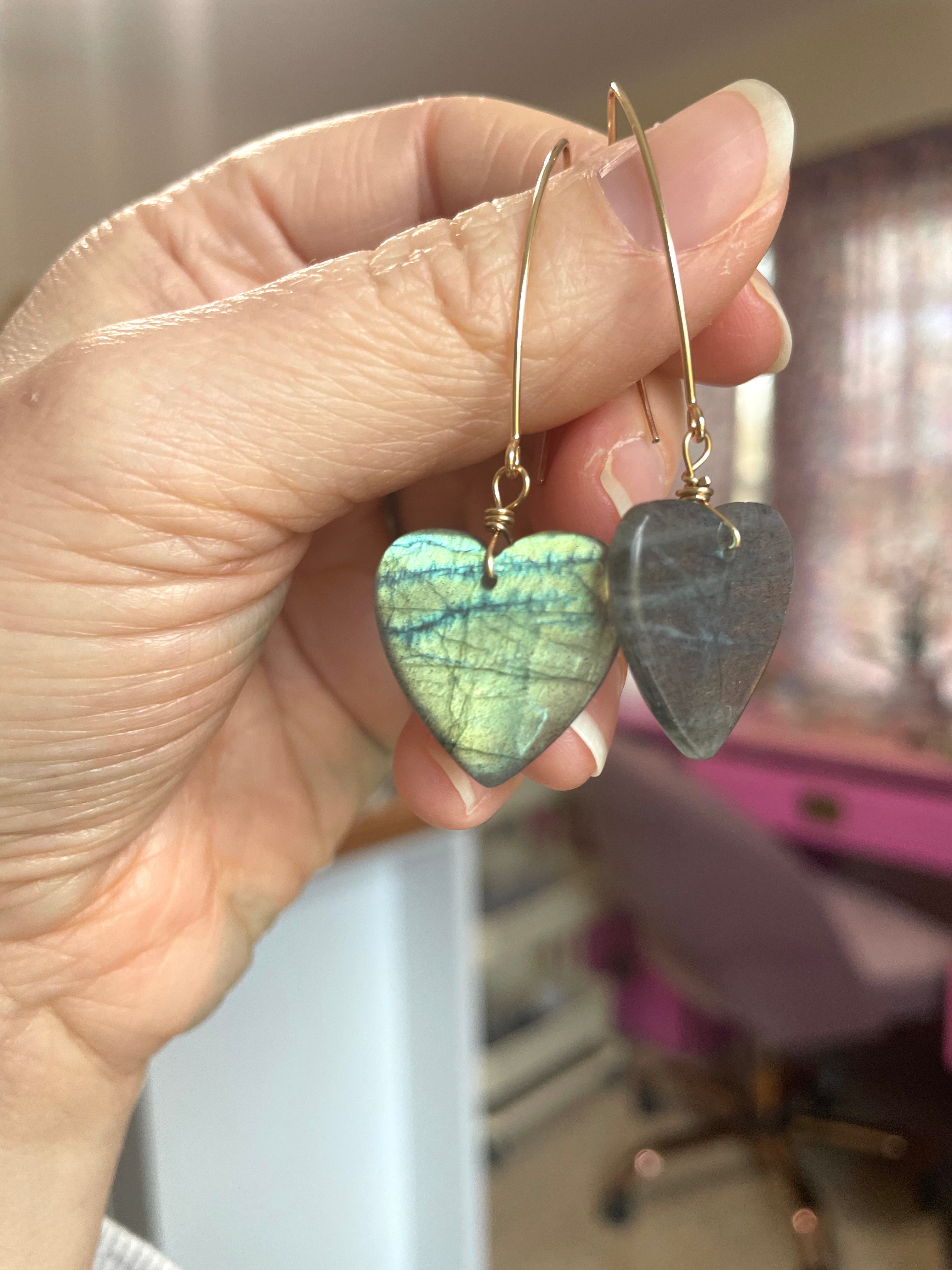 Statement Gold Labradorite Heart Dangle Drop Crystal Earrings for Women | Elegant Bohemian Jewelry for Party, Wedding & Special Occasions