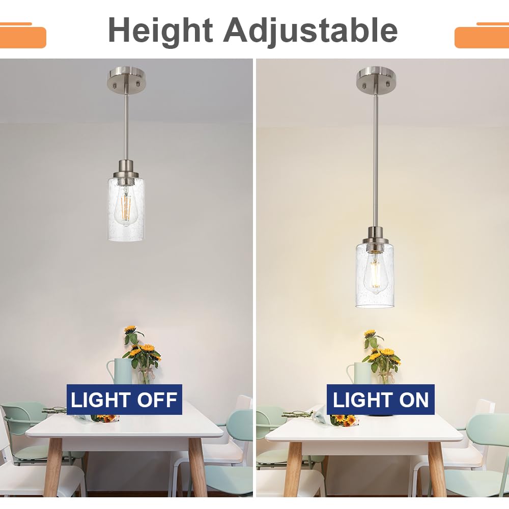 Modern Brushed Nickel Pendant Light Fixture - Adjustable 1-Light Hanging Lighting for Kitchen Island, Dining Table, Hallway, Bedroom, Office & Bar | Farmhouse & Contemporary Home Decor