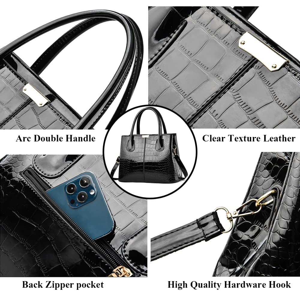 Luxury Women's Handbags - Top Handle Patent Leather Satchel with Crocodile Pattern, Fashion Tote & Shoulder Crossbody Bag for Work, Travel & Daily Use