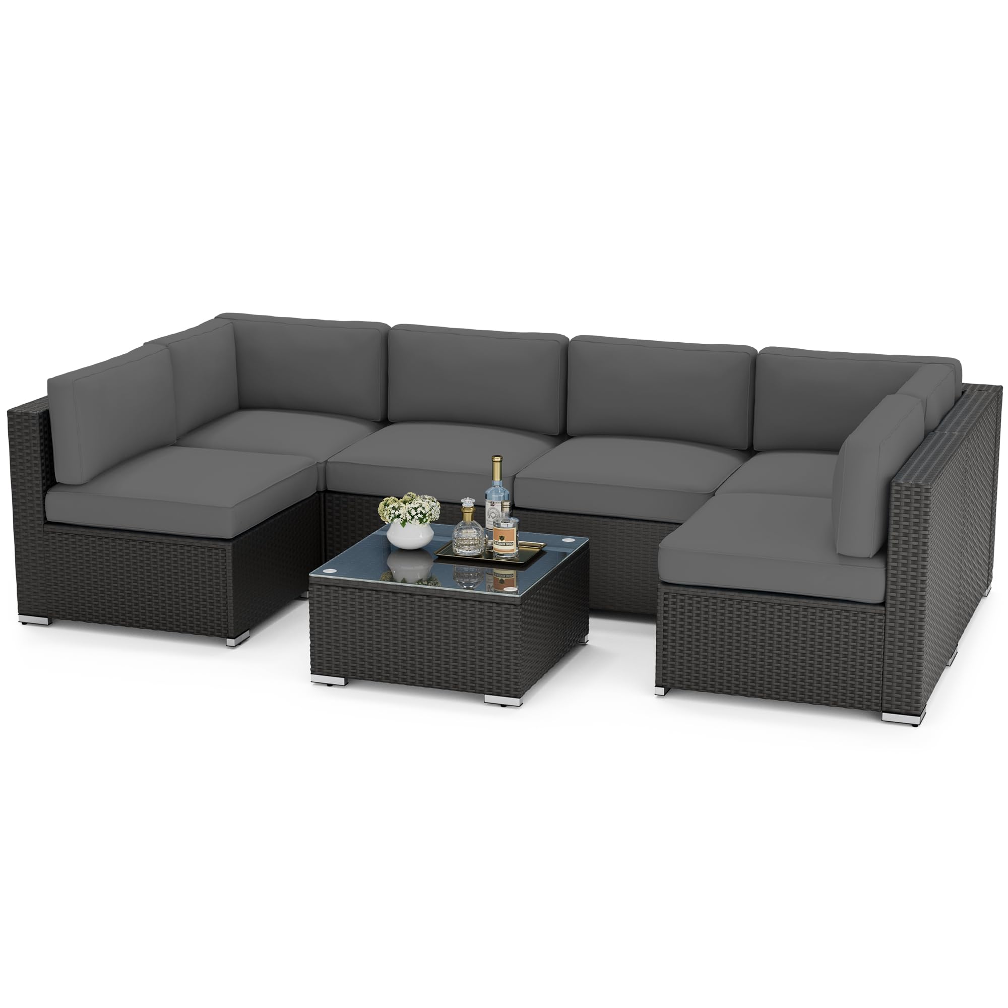 SOLAURA 7-Piece Outdoor Patio Furniture Set - Black Brown Rattan Sectional Sofa with Coffee Table & Gray Cushions - Weather-Resistant Modular Conversation Set for Garden, Poolside, and Backyard Relaxation