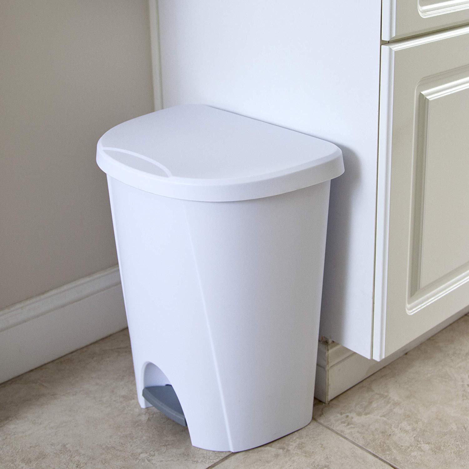 STERILITE 10948004 6.6 Gallon Step Trash Can with Lid - White Kitchen Waste Bin for Home, Office, Bathroom & Outdoor Use