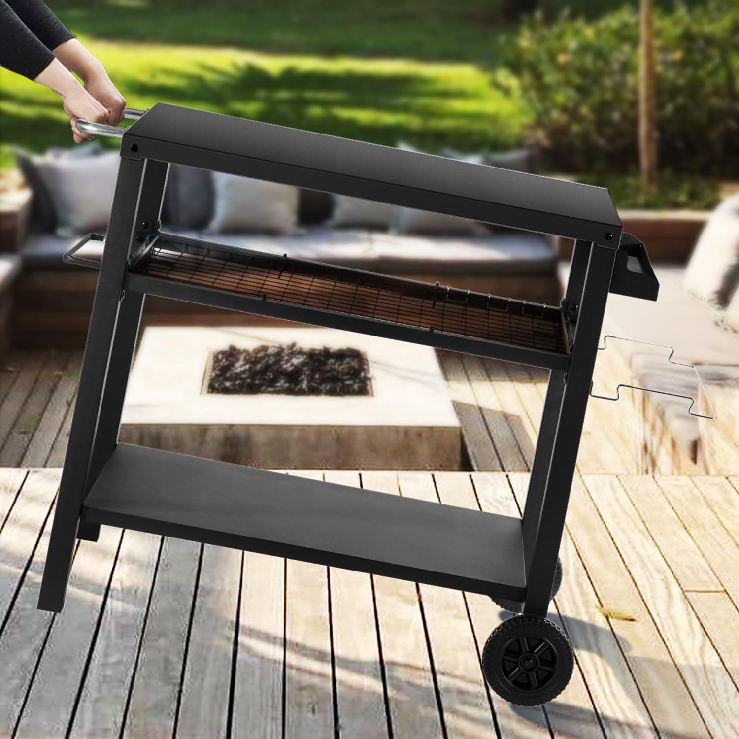 **KENDANE Black 3-Tier Rolling Grill Cart - Outdoor Kitchen Island with Pizza Oven Stand & Hooks - Multi-Functional Prep Table for BBQ, Dining & Patio Entertaining**