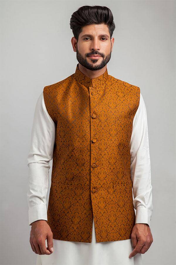 Vintage Copper & Mustard Brocade Waistcoat Vest for Men - Elegant Renaissance Costume, Steampunk Fashion & Historical Reenactment Outfit