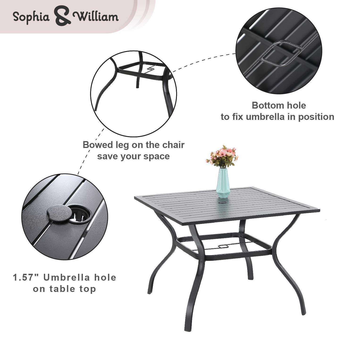 Sophia & William 5-Piece Black Wicker Patio Dining Set - 4 High-Back Rattan Chairs & 1 Metal Square Table with Umbrella Hole | Outdoor Garden Furniture for Backyard, Poolside & Terrace Dining