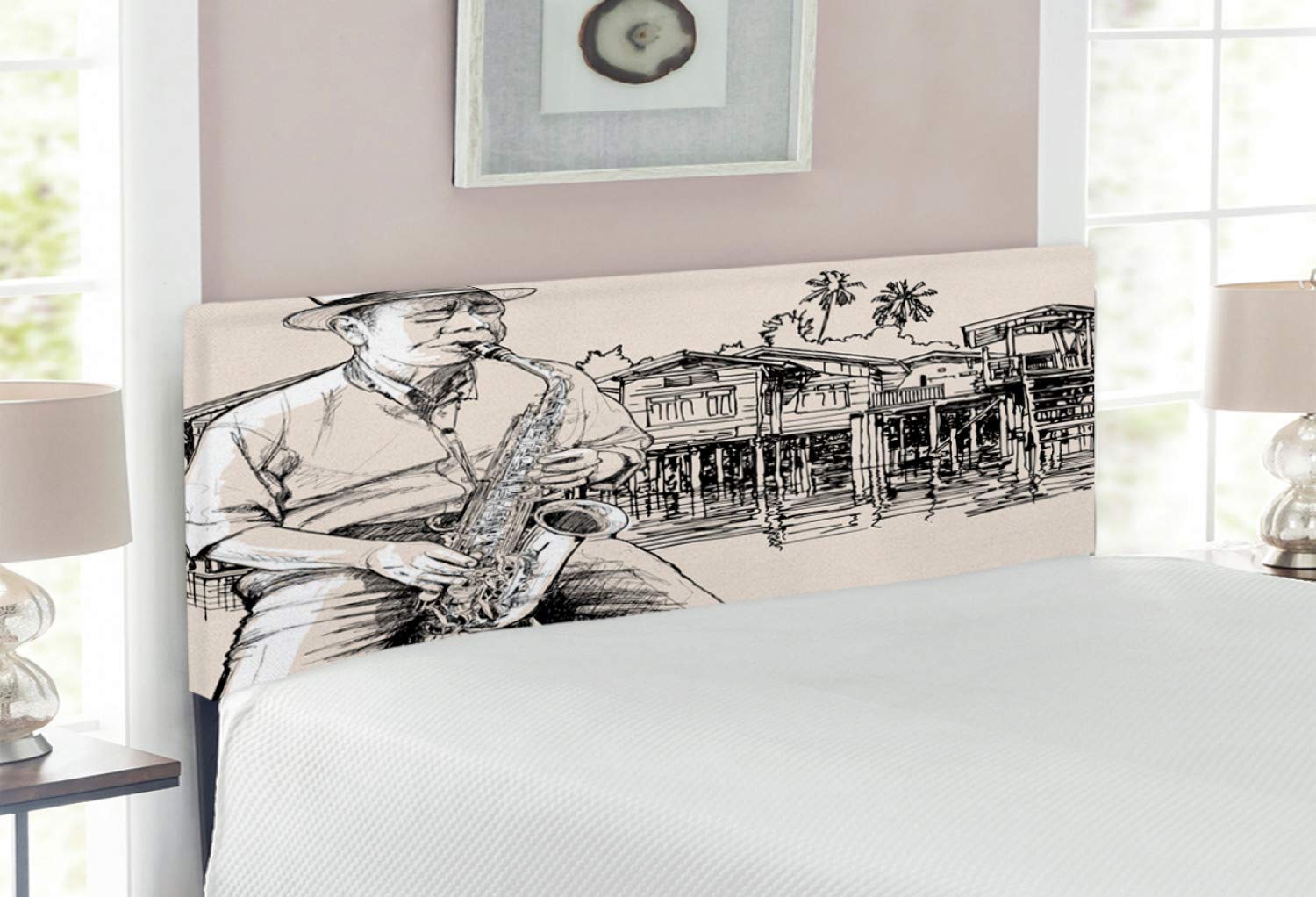 Ambesonne Jazz Music Upholstered Headboard - Full Size Metal Bed Headboard with Memory Foam, Saxophonist Art Design in Beige & Black | Perfect for Music Lovers' Bedroom, Jazz Theme Decor & Cozy Bedroom Makeover