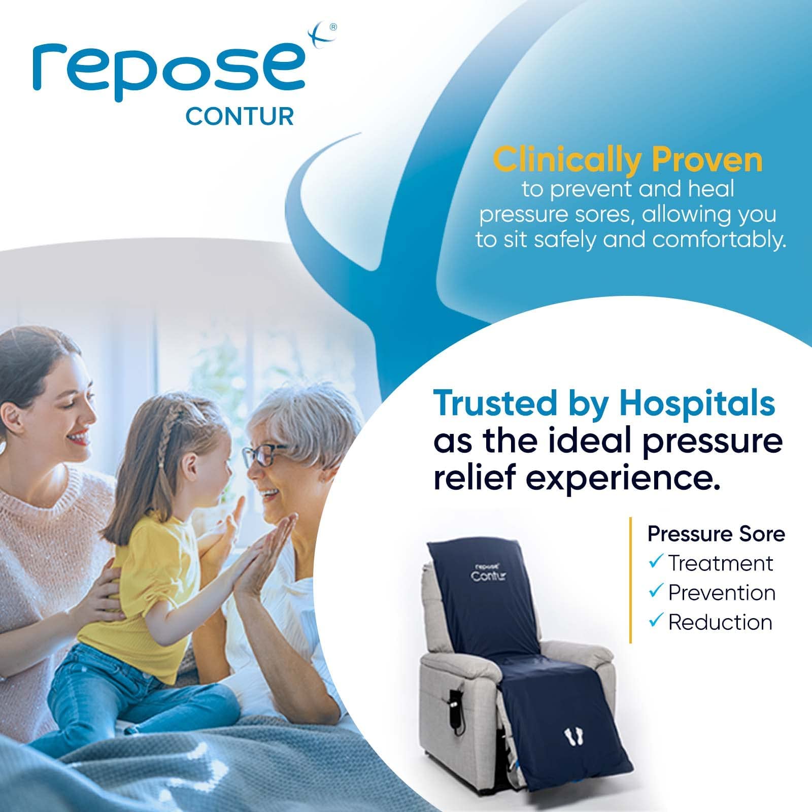Repose Contour Inflatable Air Cushion for Recliner Chairs - Pressure Relief & Bed Sore Prevention Cushion with Manual Pump - Ideal for Elderly Care, Post-Surgery Recovery & Home Healthcare