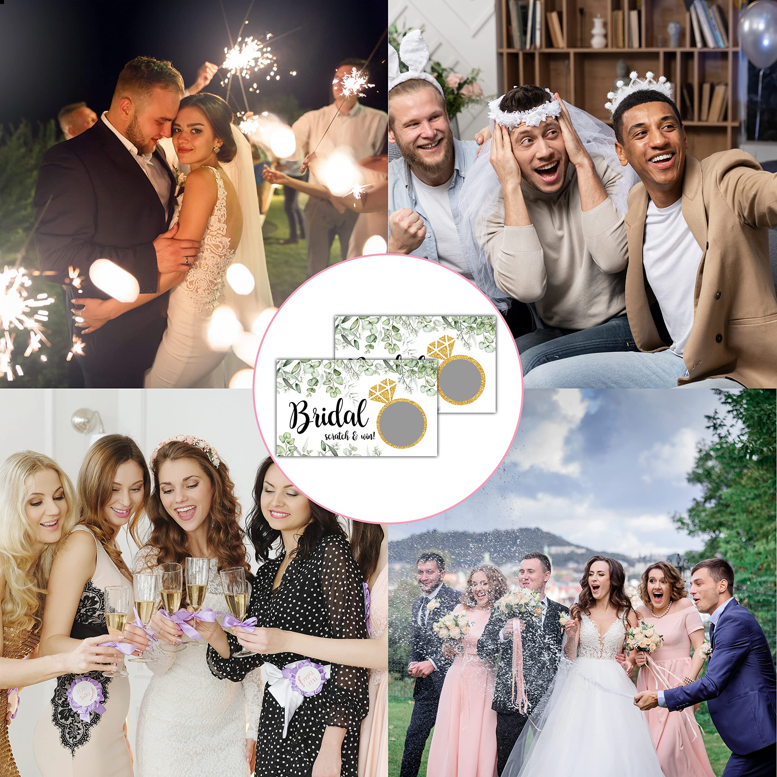 Bridal Shower Scratch Off Game Cards - 50 Pack Glitter Diamond Ring Wedding Party Games - Greenery Eucalyptus Bachelorette Party Decorations - Fun Bride Shower Activities & Supplies for Wedding Celebrations