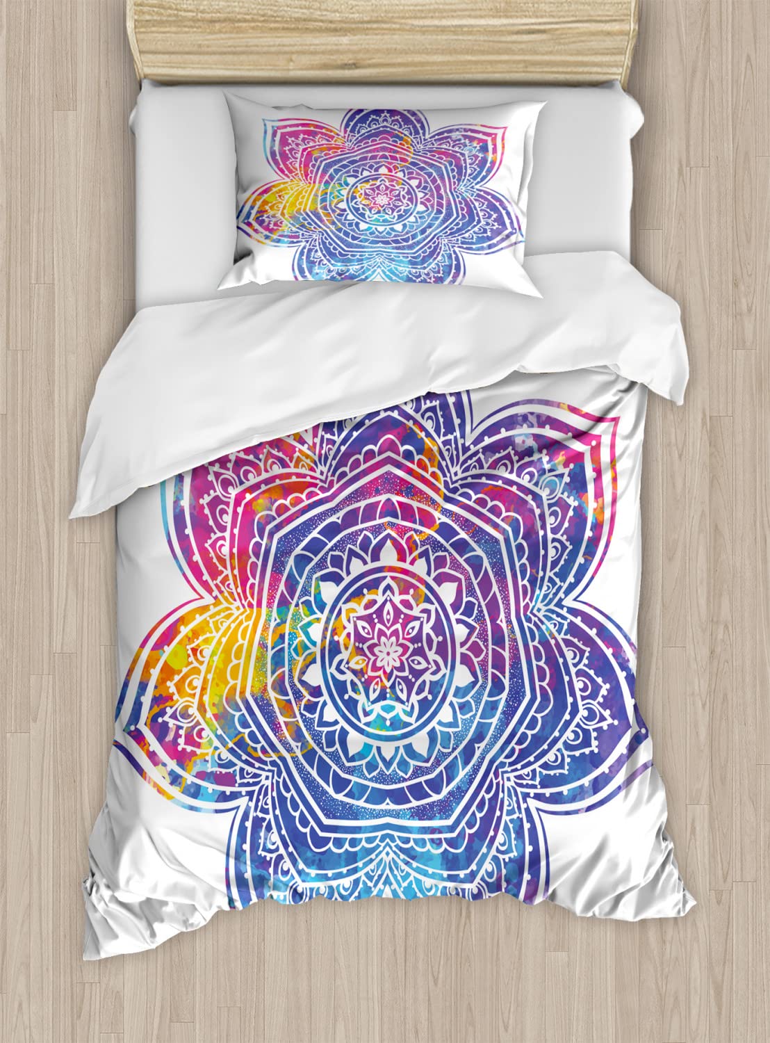 Ambesonne Lotus Duvet Cover Set King Size 2-Pack - Watercolor Mandala Design in Earth Yellow & Violet Blue - Includes 2 Duvet Covers & 4 Pillowcases - Bohemian Bedding for Master Bedroom, Guest Room & Dorm Decor