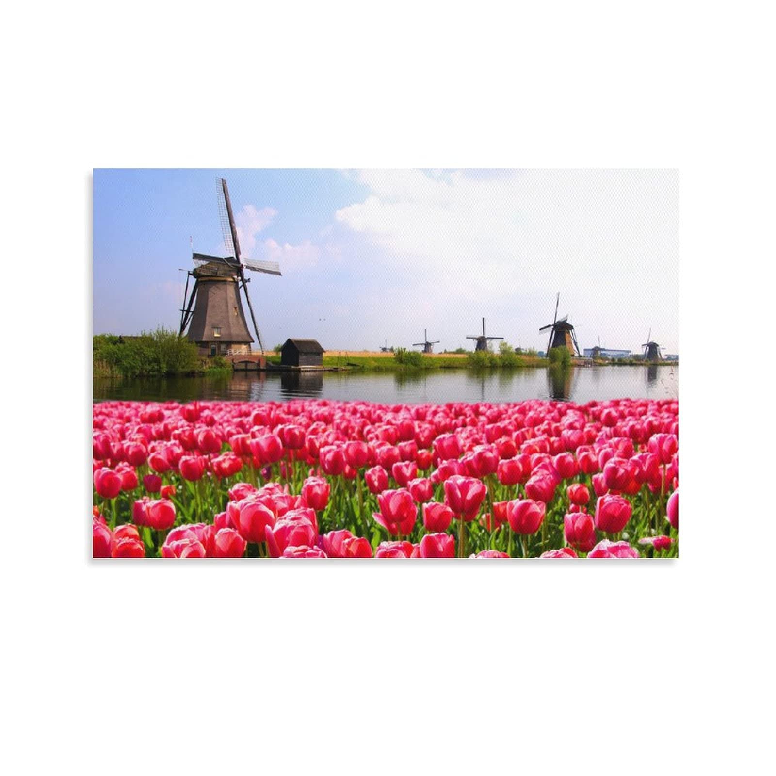 Pink Tulips at Dutch Windmills Canvas Wall Art - 08x12inch (20x30cm) Dutch Canal Landscape Poster for Living Room & Bedroom Decor - Perfect for Home, Office, and Gift Giving