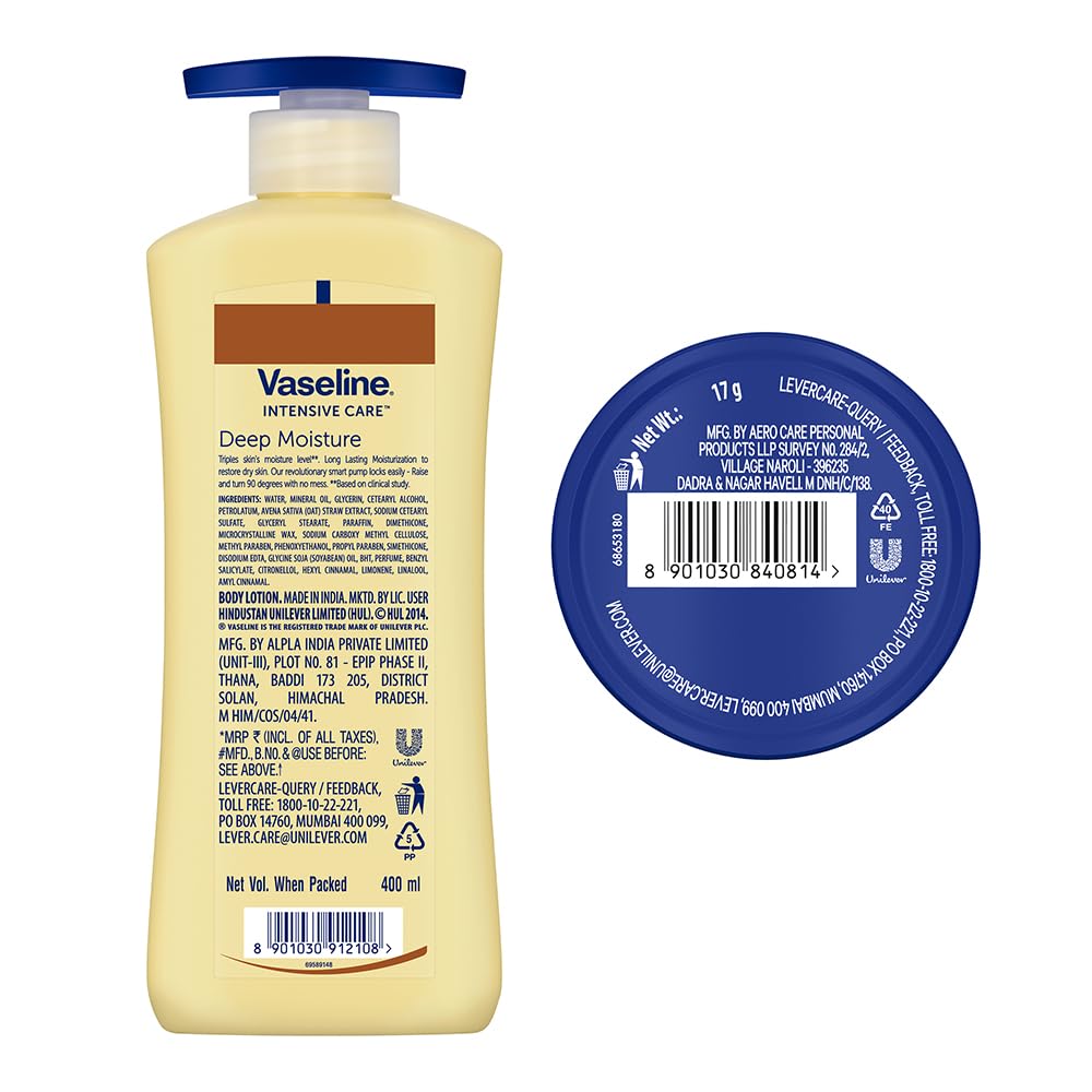 Vaseline Original Lip Therapy Tin 17g & Deep Moisture Serum Lotion 400ml - Hydrating Lip Balm & Body Moisturizer for Dry Skin Care - Perfect for Winter Protection & Daily Skincare Routine