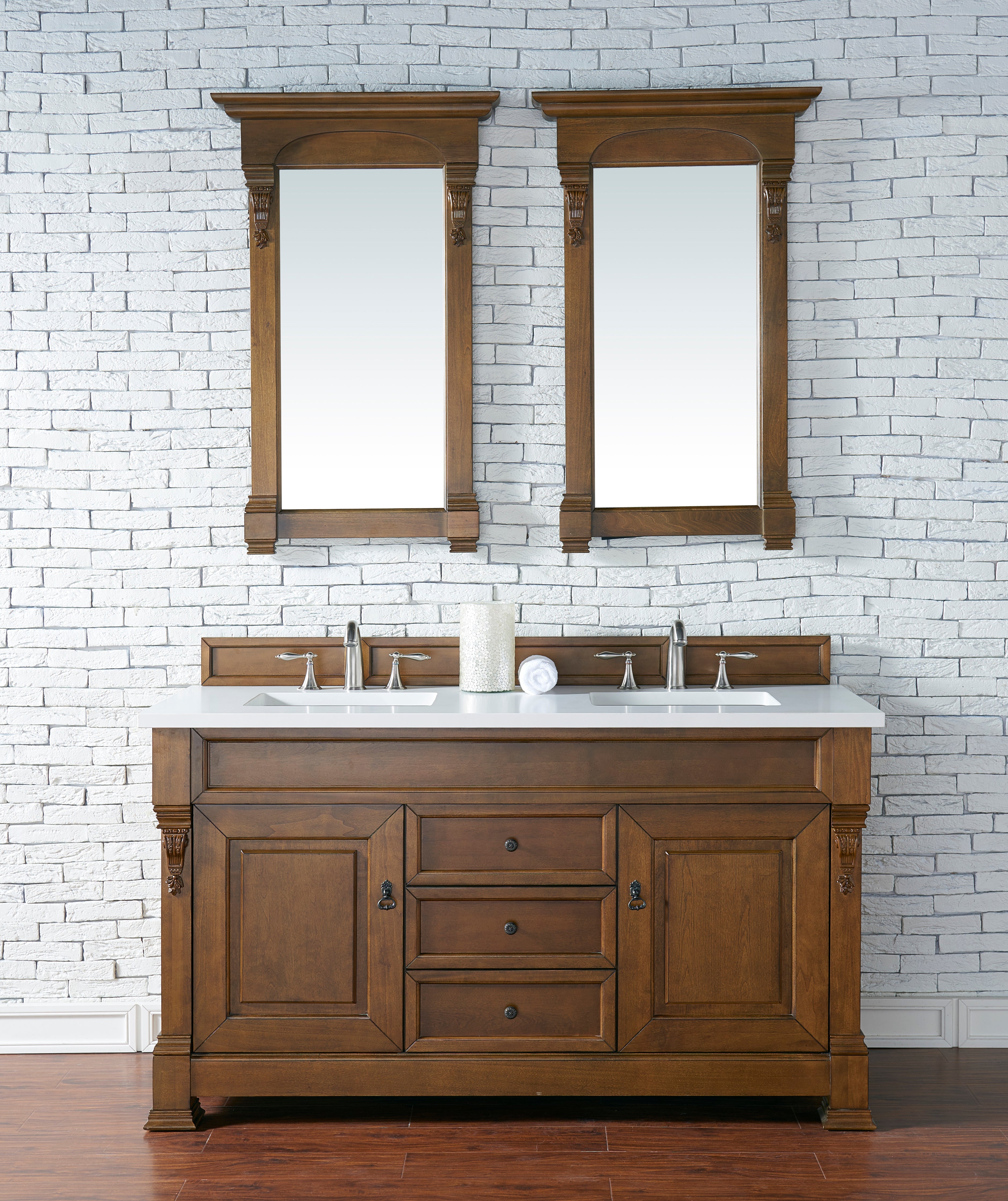 Brookfield 60-Inch Double Vanity with Country Oak Finish & 3CM Classic White Quartz Top – Perfect for Bathroom Renovation & Modern Home Decor