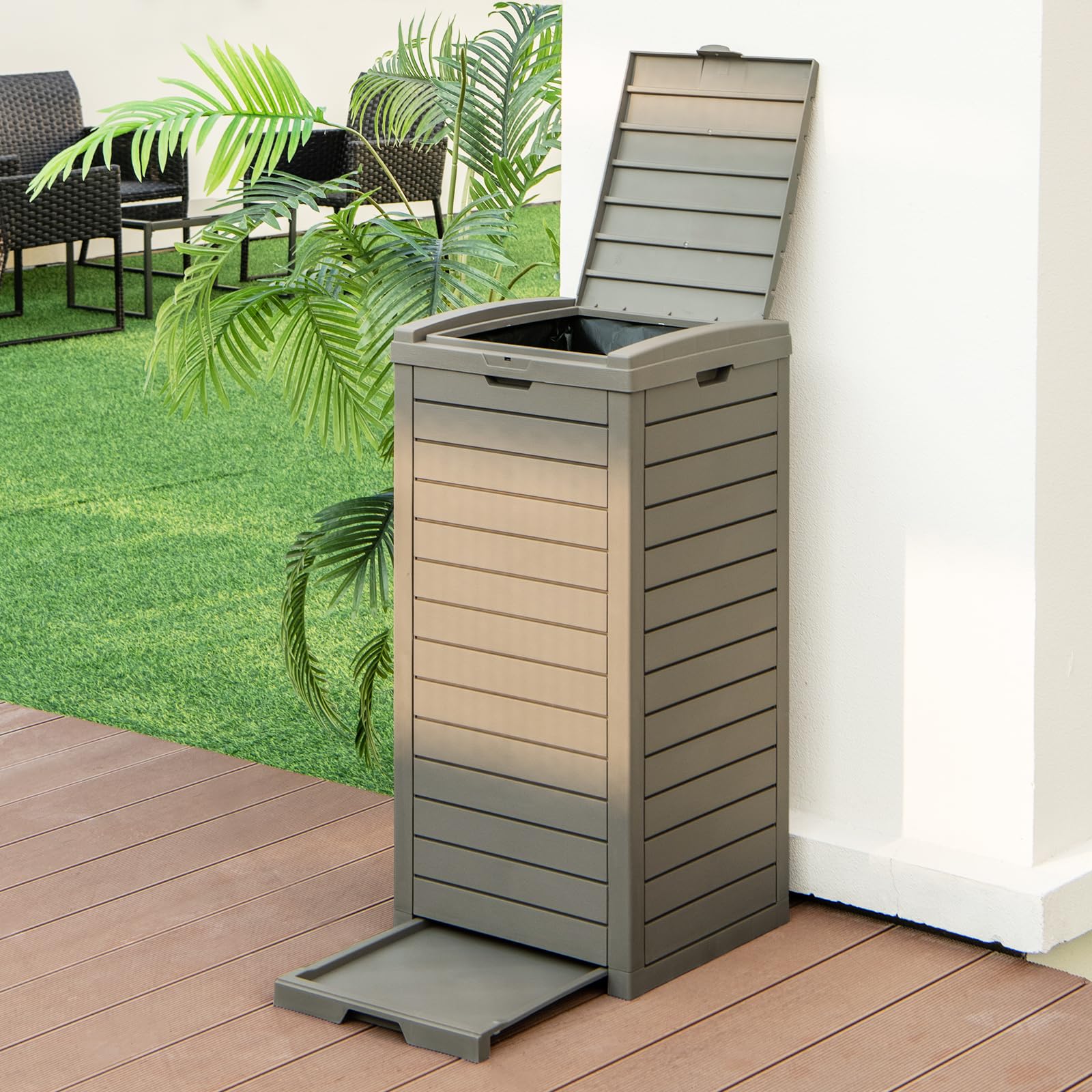 SAFSTAR 31 Gallon Outdoor Trash Can with Lid - Waterproof Large Resin Garbage Bin (16”x16”x34”) for 33-40 Gallon Trash Bags - Slidable Tray Design - Perfect for Patio, Backyard, Deck & Outdoor Spaces - Grey