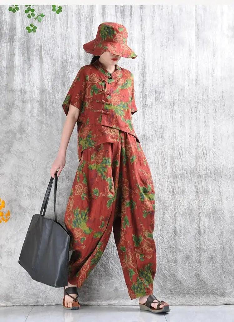 Women's Stand Collar Shirt & Bloomers Set - Vintage Style Cotton Loungewear for Casual Wear, Sleepwear, and Photoshoots