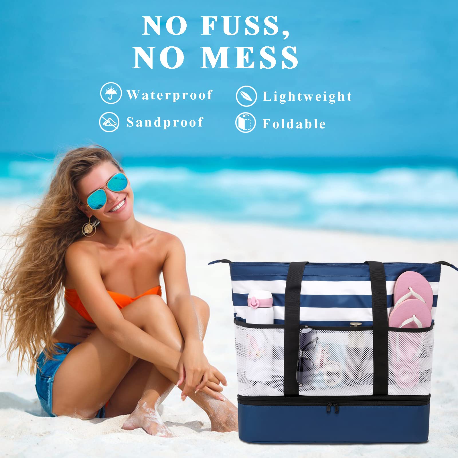 DSIUE Waterproof Beach Bag with Cooler - Large Sandproof Tote for Women - Perfect for Pool, Gym, Travel & Summer Outings
