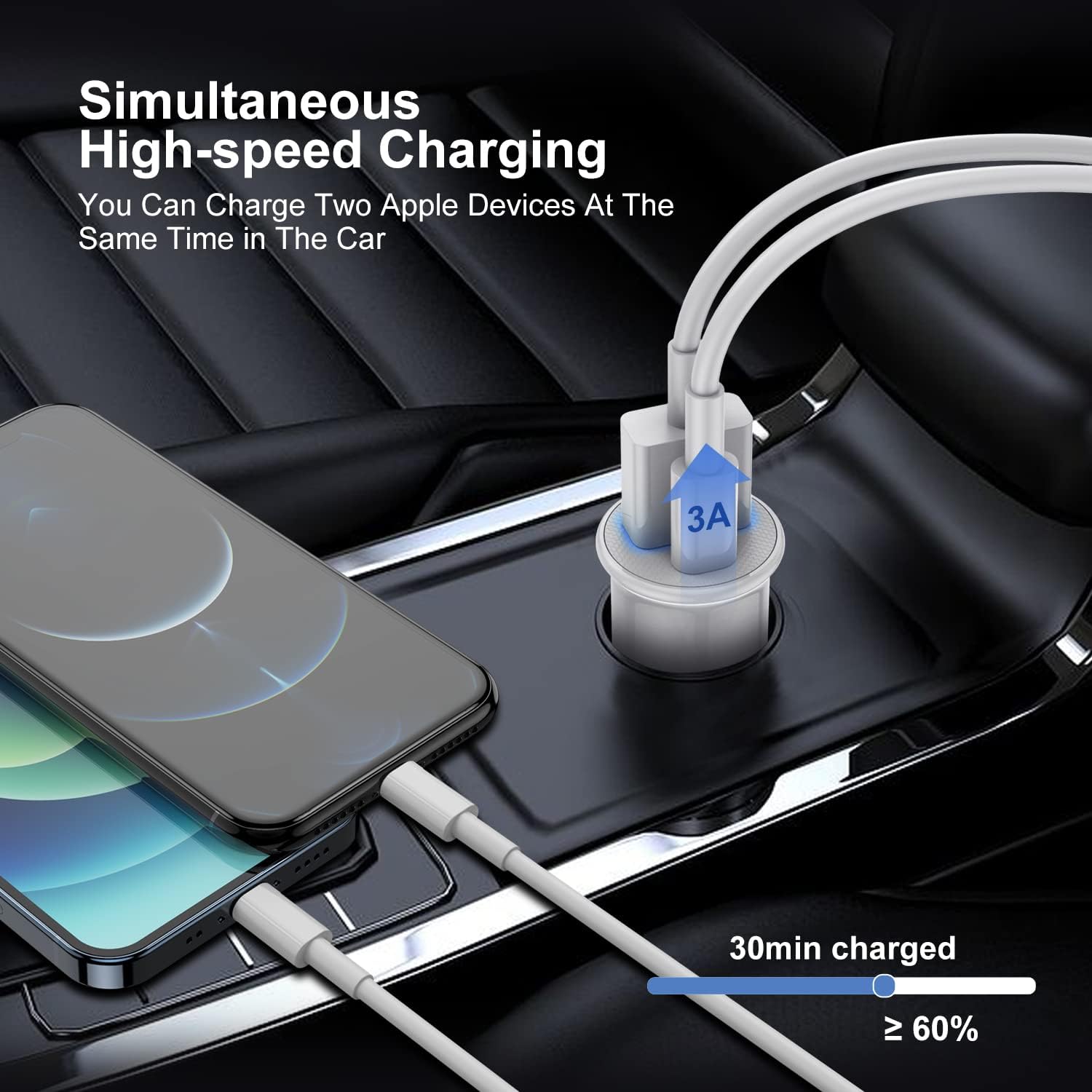 Apple MFi Certified USB C Car Charger - Fast Charging Dual Port Cigarette Lighter Adapter for iPhone 14/13/12/11/XS/Plus & iPad - Includes 2Pack Lightning to USB C/A Cables - Perfect for Road Trips & Daily Commutes
