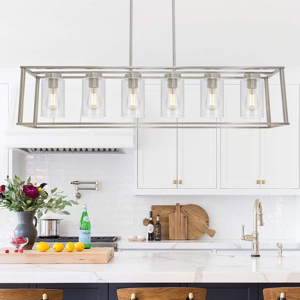 VINLUZ 6-Light Modern Chandelier Brushed Nickel Rectangular Pendant Light - Industrial Style Dining Room & Kitchen Island Lighting Fixture with Glass Shade | Perfect for Farmhouse, Restaurant and Open Concept Spaces