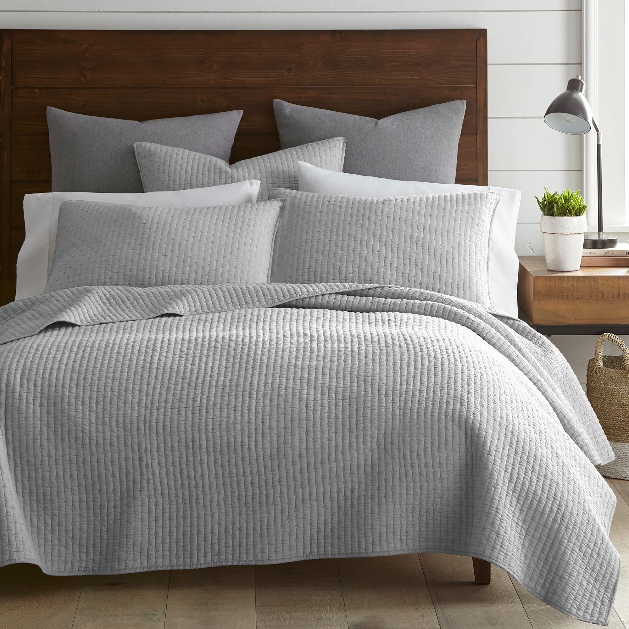 Levtex Home - 100% Cotton Reversible Cross Stitch Light Grey Quilt Set - Full/Queen Size (88x92in) with 2 Standard Shams (26x20in) - Soft Bedding for Cozy Bedroom Decor & Guest Room Essentials