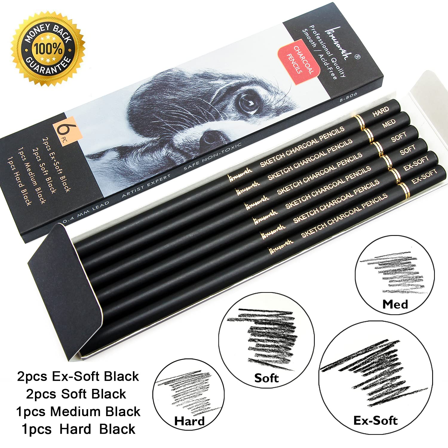 Professional Charcoal Pencils Set - 6 Pieces Soft, Medium & Hard Graphite Drawing Pencils for Artists, Sketching, Shading | Perfect for Portrait Drawing, Still Life & Art Class Supplies