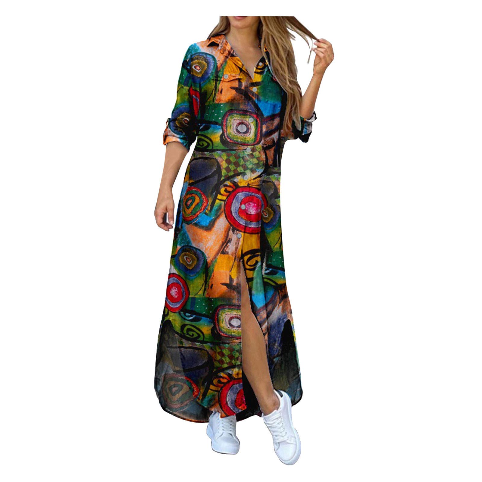 JIANYIO Women's Long Sleeve Lapel Button Up Cotton Print Shirt Dress - Elegant Irregular Maxi Dress for Office, Party & Casual Wear