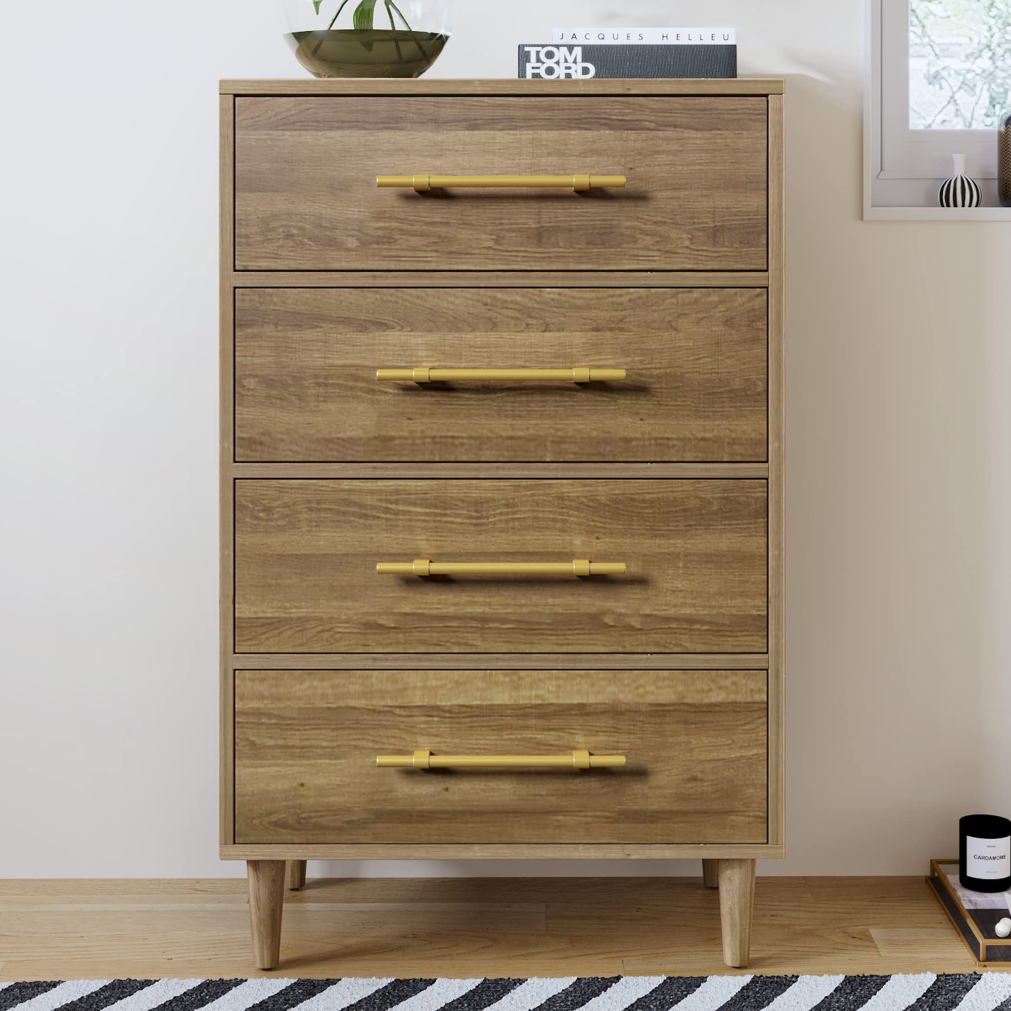 Merax Mid-Century Modern 4-Drawer Chest with Golden Handles - Natural Walnut Wood Bedroom Dresser for Clothes Storage | Perfect for Master Bedroom, Guest Room & Dorm Organization