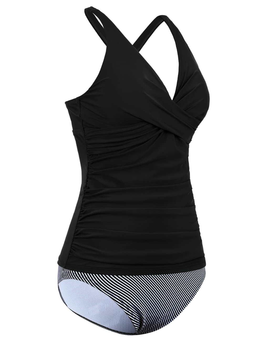 Hilor Women's Tankini Swimsuits - Front Twist V Neck Swim Top with Tummy Control, Two Piece Bathing Suit, Shirred Swimwear for Beach, Pool & Vacation