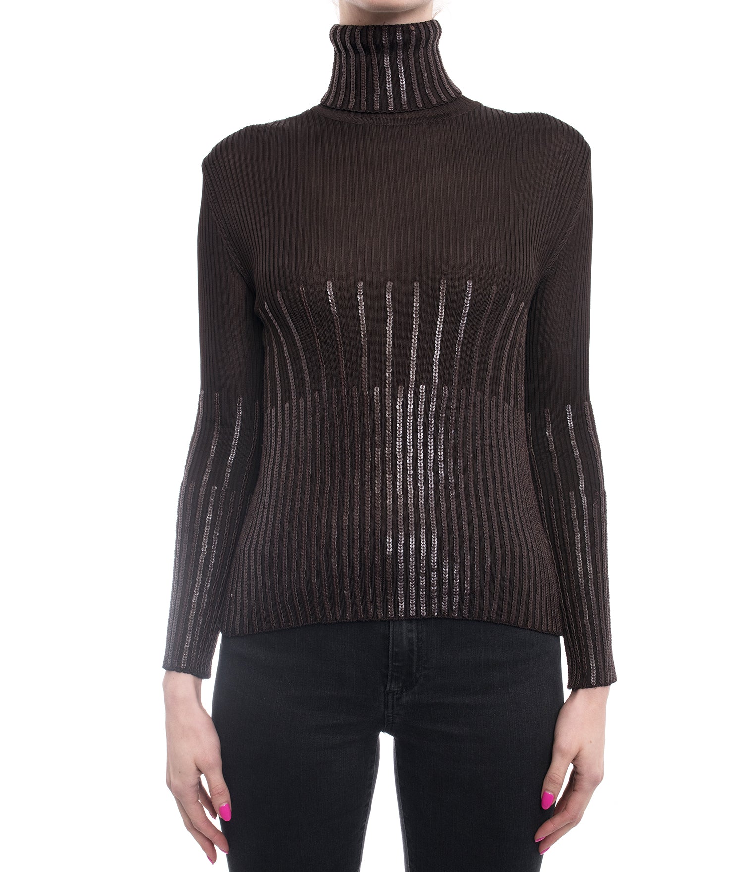 Christian Dior Brown Ribbed Turtleneck Sweater with Leather Sequins - Women's Luxury Knitwear for Fall & Winter, Perfect for Office Wear and Evening Events