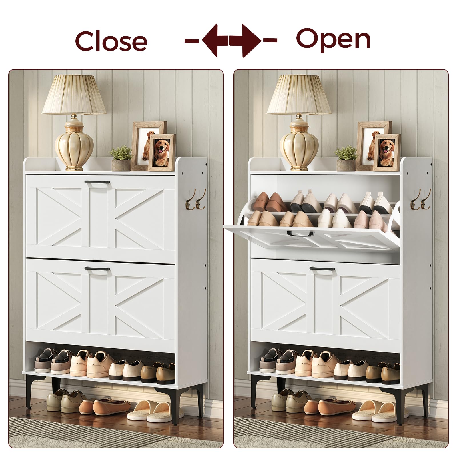 White Shoe Storage Cabinet with 2 Flip Drawers - Hidden & Open Entryway Organizer for Shoes, Boots & Accessories | Freestanding Closet Storage Solution for Hallway, Mudroom or Bedroom (Model SHWT9401)