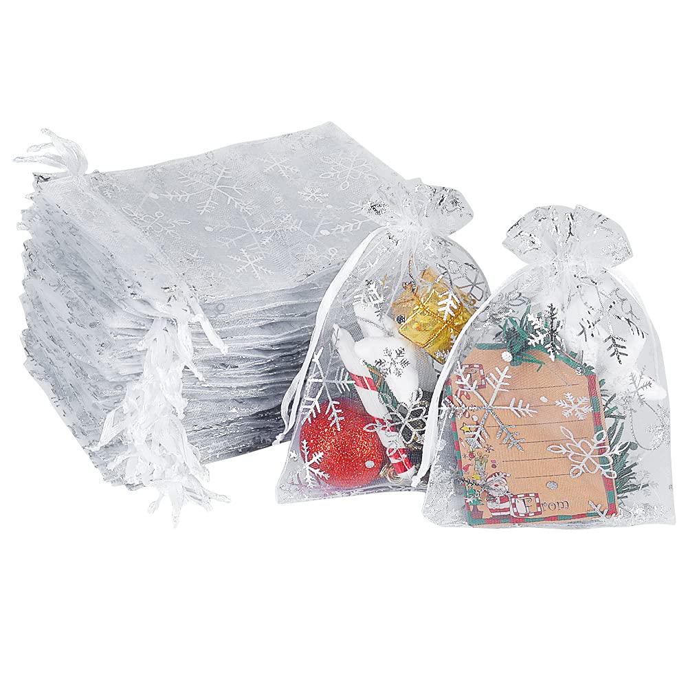 YQL 4x6 Inch Snowflake Organza Bags - 100PCS White Gift Pouches for Christmas, Jewelry & Weddings