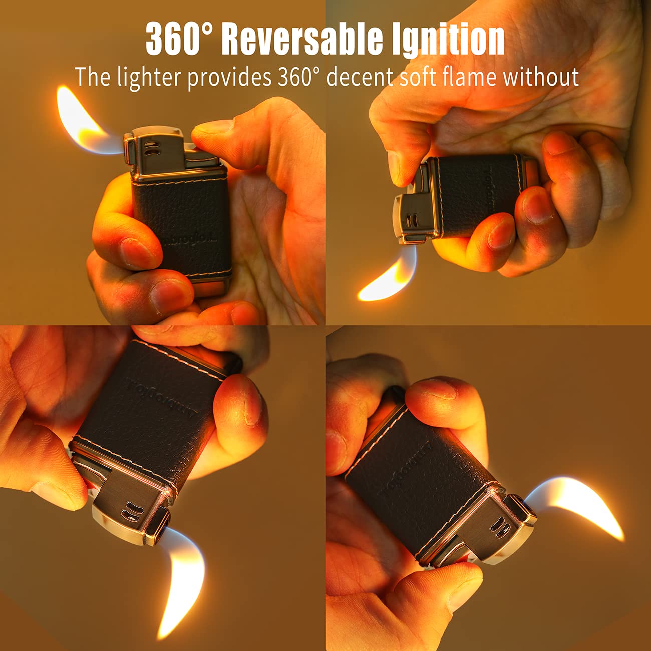 Ambrogio.L Pipe Lighter - Refillable Butane Soft Flame Lighter with Genuine Leather Case, Black Brushed Finish - Perfect for Men's Smoking Accessories, Pipe & Cigar Lighting, Outdoor Use & Gifts