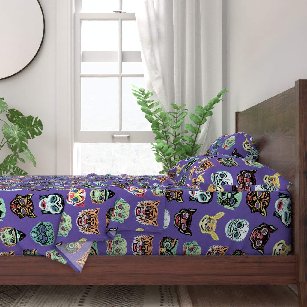 Halloween Purple Vintage Retro Costume Face Print 100% Cotton Twin 3-Piece Sheet Set | Custom Bedding for Spooky Decor & Themed Parties