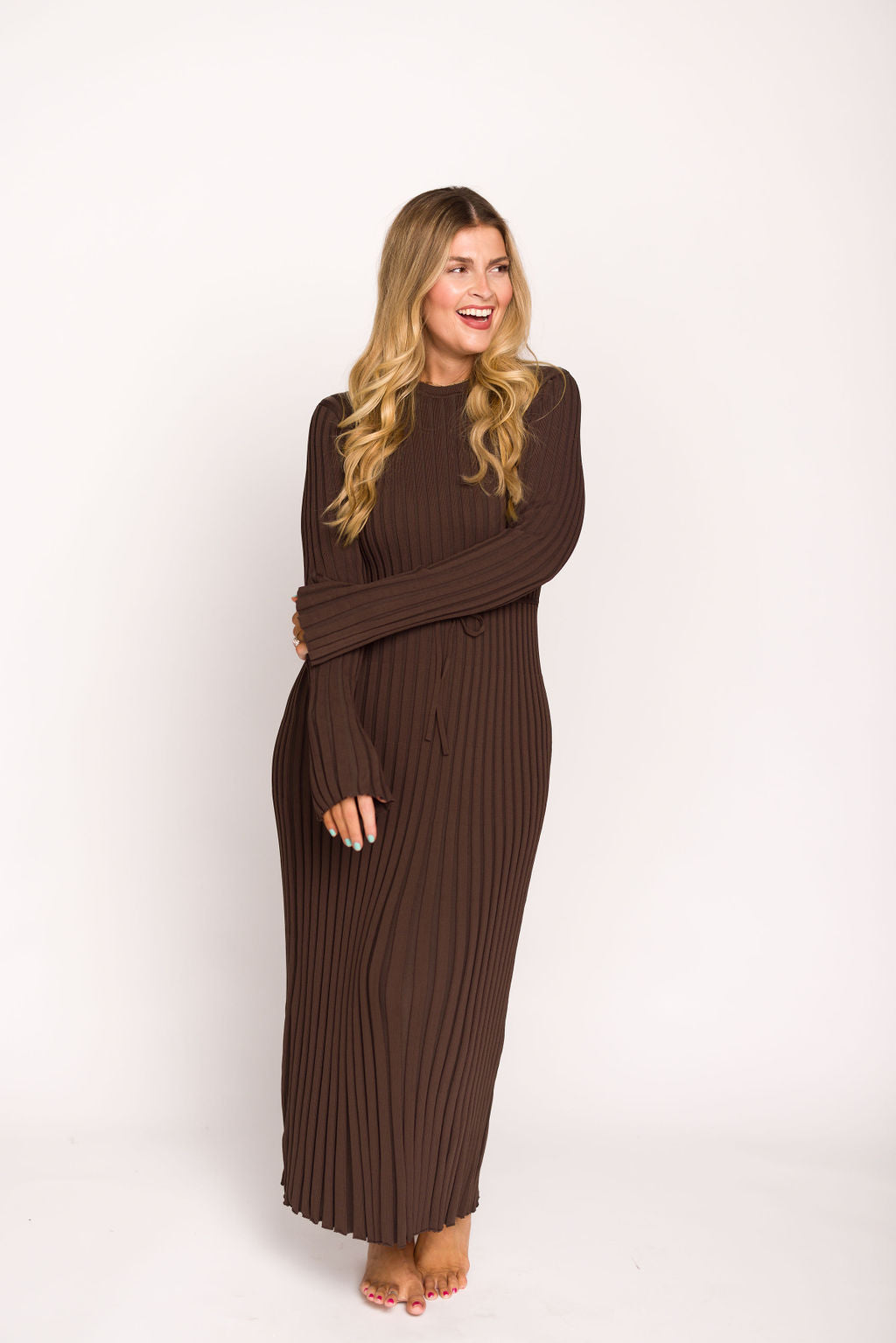 Colette Premium Long Sleeve Ribbed Knit Maxi Dress - Brown Maternity Dress for Pregnancy | Bump Friendly, Comfortable & Stylish for Casual Outings, Date Nights & Special Occasions