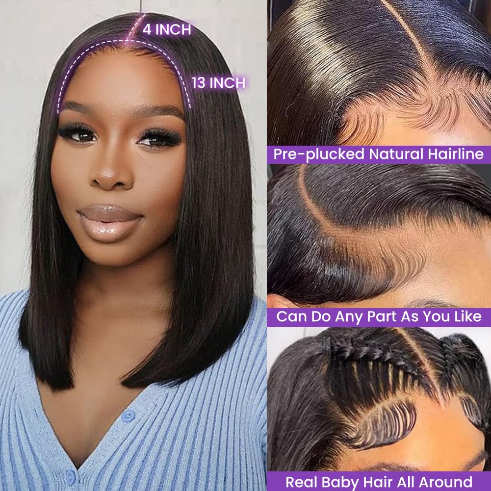 14 Inch Short Bob Wig Straight 13x4 HD Transparent Lace Front Human Hair Wig - 150% Density Glueless Lace Frontal Wig with Pre-Plucked Baby Hair for Black Women (Natural Color) | Perfect for Daily Wear, Cosplay & Special Occasions