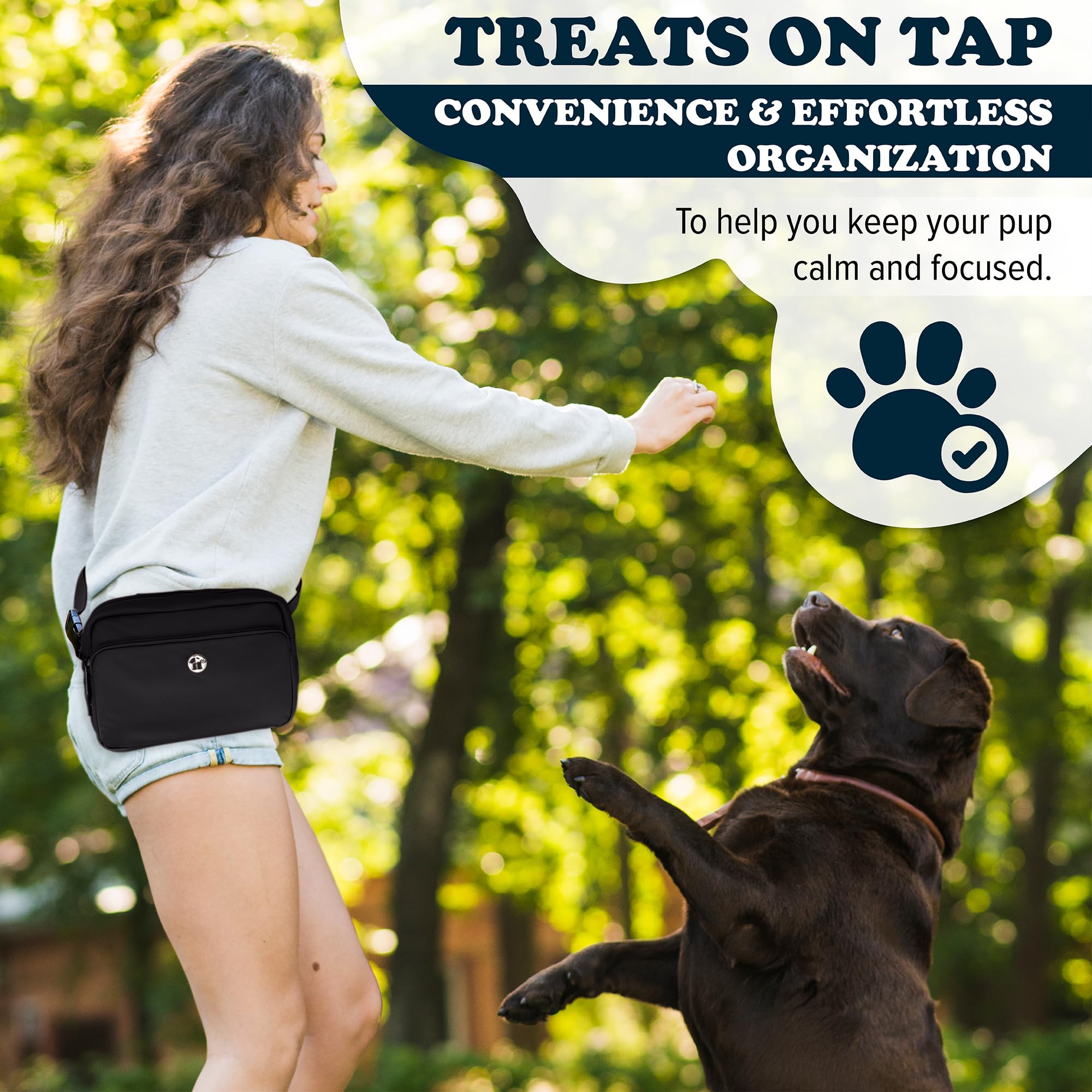 3-in-1 Crossbody Bag & Dog Treat Pouch for Pet Training - Waterproof Dog Walking Bag with Built-In Poop Bag Dispenser & Zippered Pockets - Perfect for Office Commute, Park Visits & Off-Leash Adventures (Onyx Black)