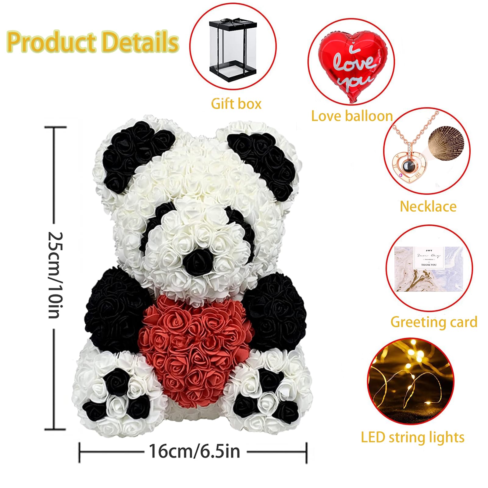 Handmade Rose Teddy Bear - Eternal Rose Flower Bear Gift Set with LED Light (10