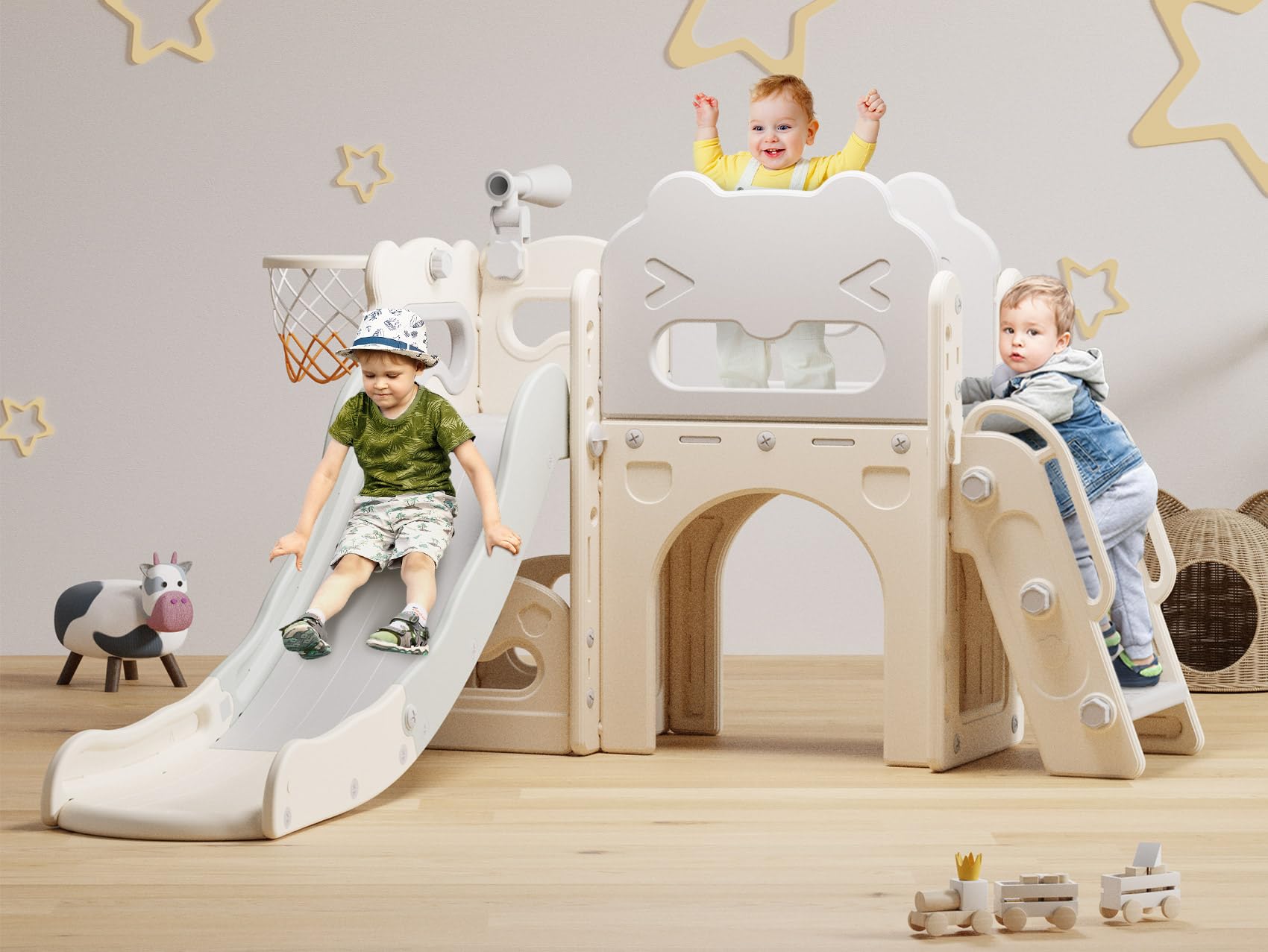 **Babytronic 7-in-1 Toddler Slide & Playset for Kids Ages 1-3 – Indoor & Outdoor Slide with Basketball Hoop & Telescope – Safe & Fun Toddler Playground (White & Gray) – Perfect for Home, Backyard, Daycare & Playrooms**