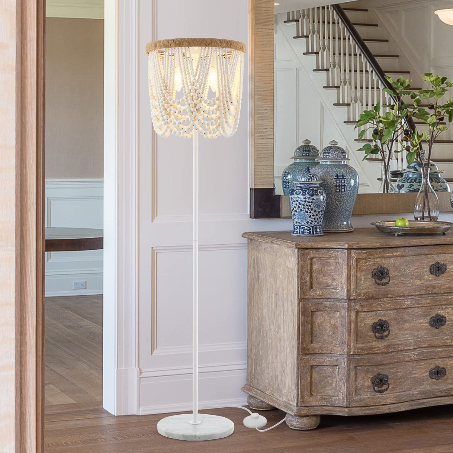 VILUXY Bohemian Wood Beaded Floor Lamp - Antique Rustic White Finish 3-Light Chandelier for Bedroom, Nursery, Dining Room & Girls Room | Perfect for Boho Home Decor, Farmhouse Living Room & Cozy Reading Nook