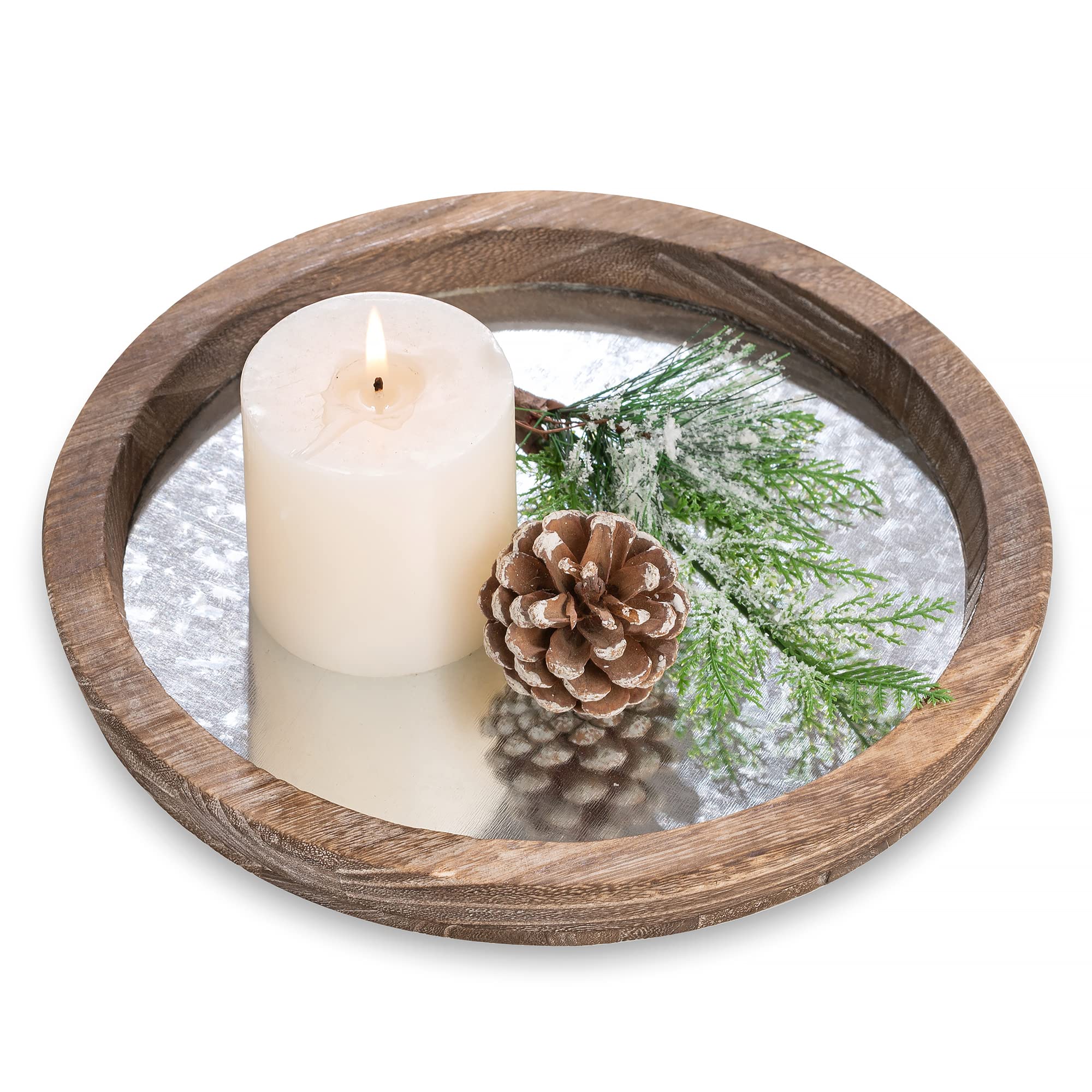 Hanobe Round Decorative Rustic Wooden Tray - Farmhouse Coffee Table Centerpiece, Vintage Candle Holder & Bathroom Vanity Organizer | Perfect for Home Decor, Kitchen Storage & Ottoman Serving