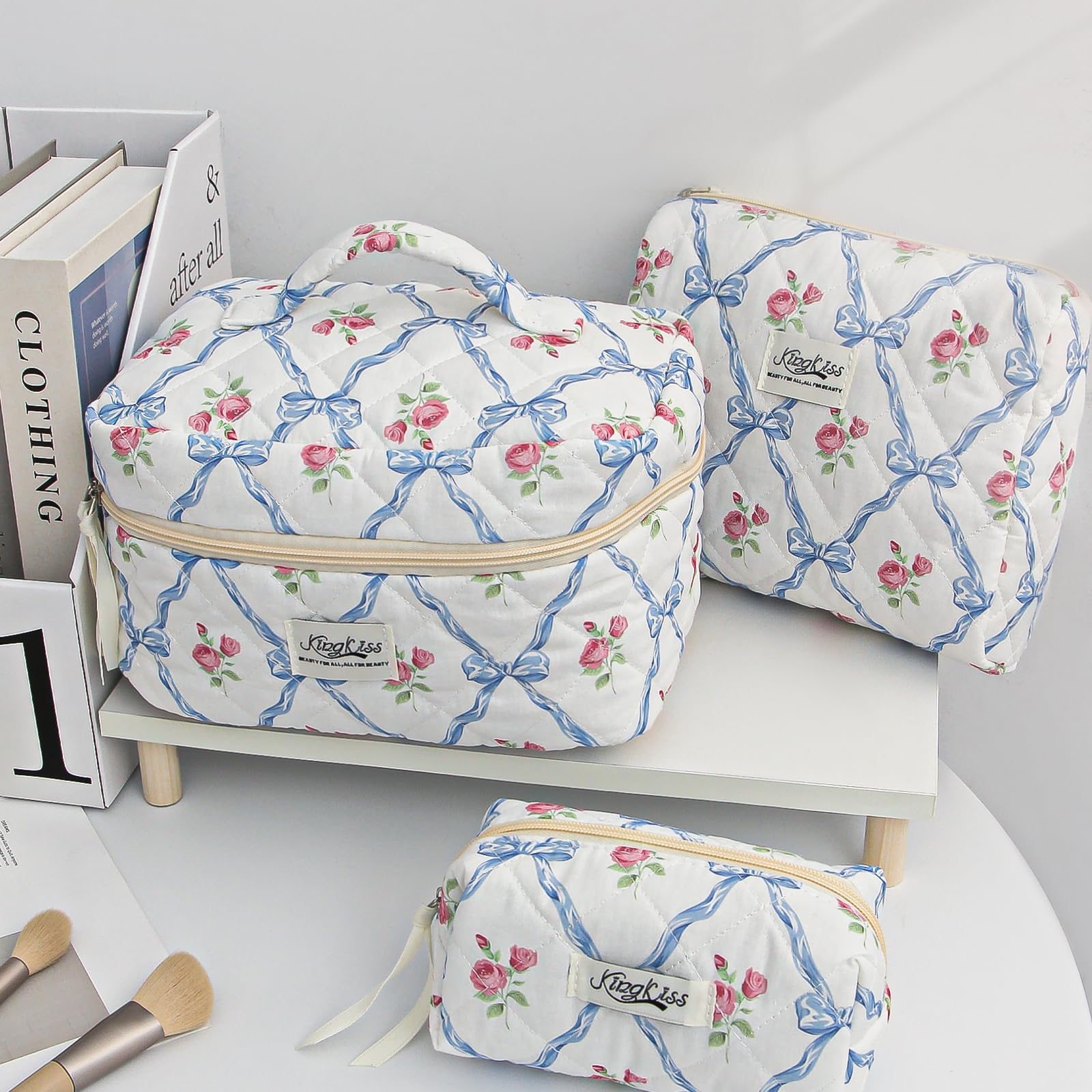 KingKiss 3-Piece Quilted Floral Makeup Bag Set - Large Capacity Travel Cosmetic Organizer for Women & Girls (Blue) | Perfect for Travel, Gym, Daily Use & Gift Giving