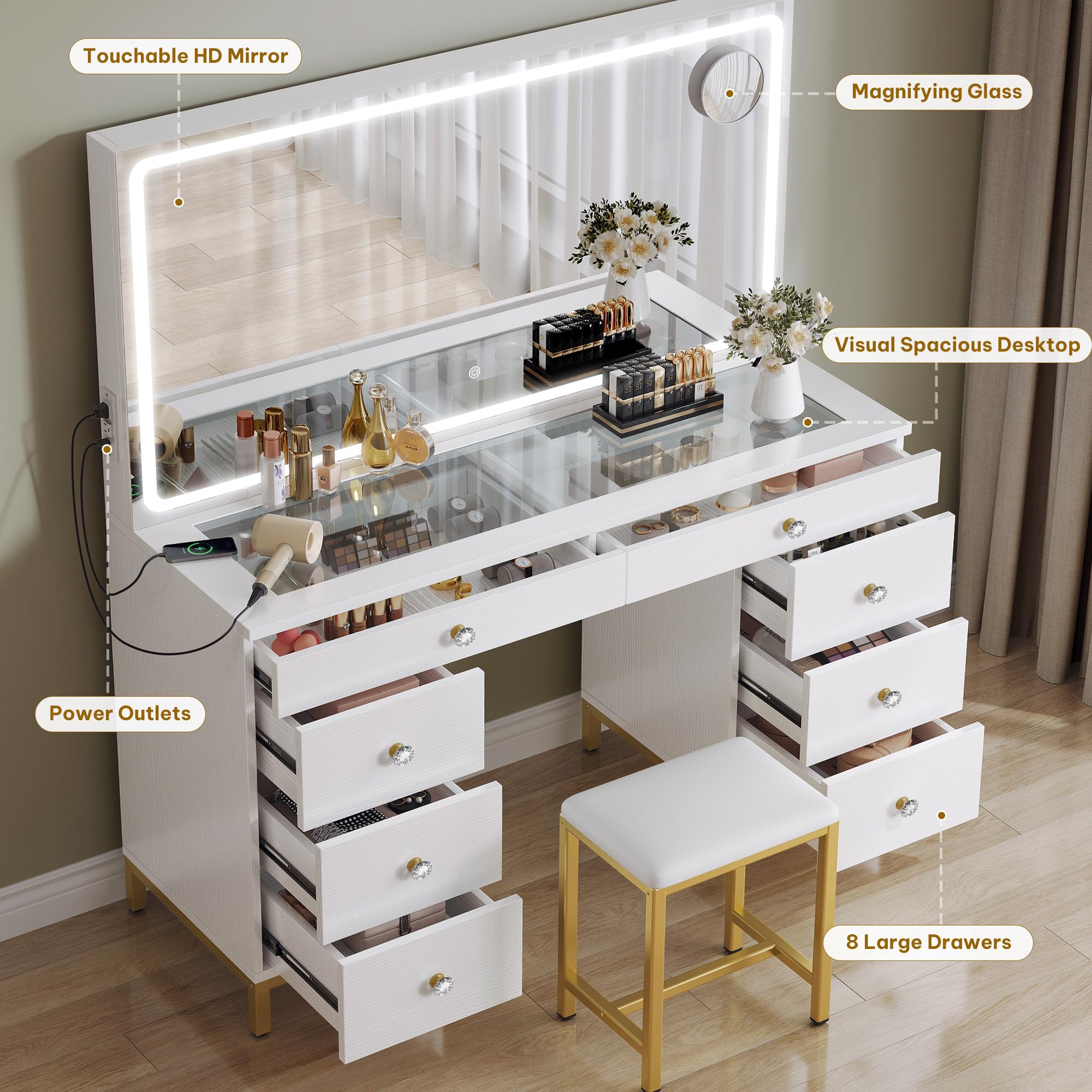 DWVO Vanity Desk with LED Lighted Mirror, Power Outlet & Magnifying Glass - 8 Drawers Makeup Dressing Table with 3 Color Modes, White | Perfect for Bedroom, Dressing Room & Home Salon Organization