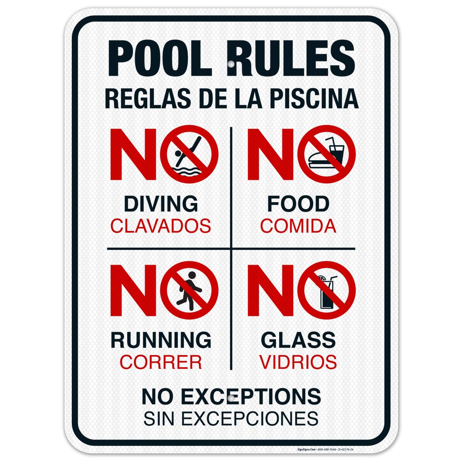 Bilingual Pool Rules Sign - No Diving, No Running, No Food, No Glass | 18x24 Inches | 3M EGP Reflective .080 Aluminum | Fade Resistant | Indoor/Outdoor Use | Made in USA | Perfect for Public Pools, Water Parks & Backyard Swimming Areas
