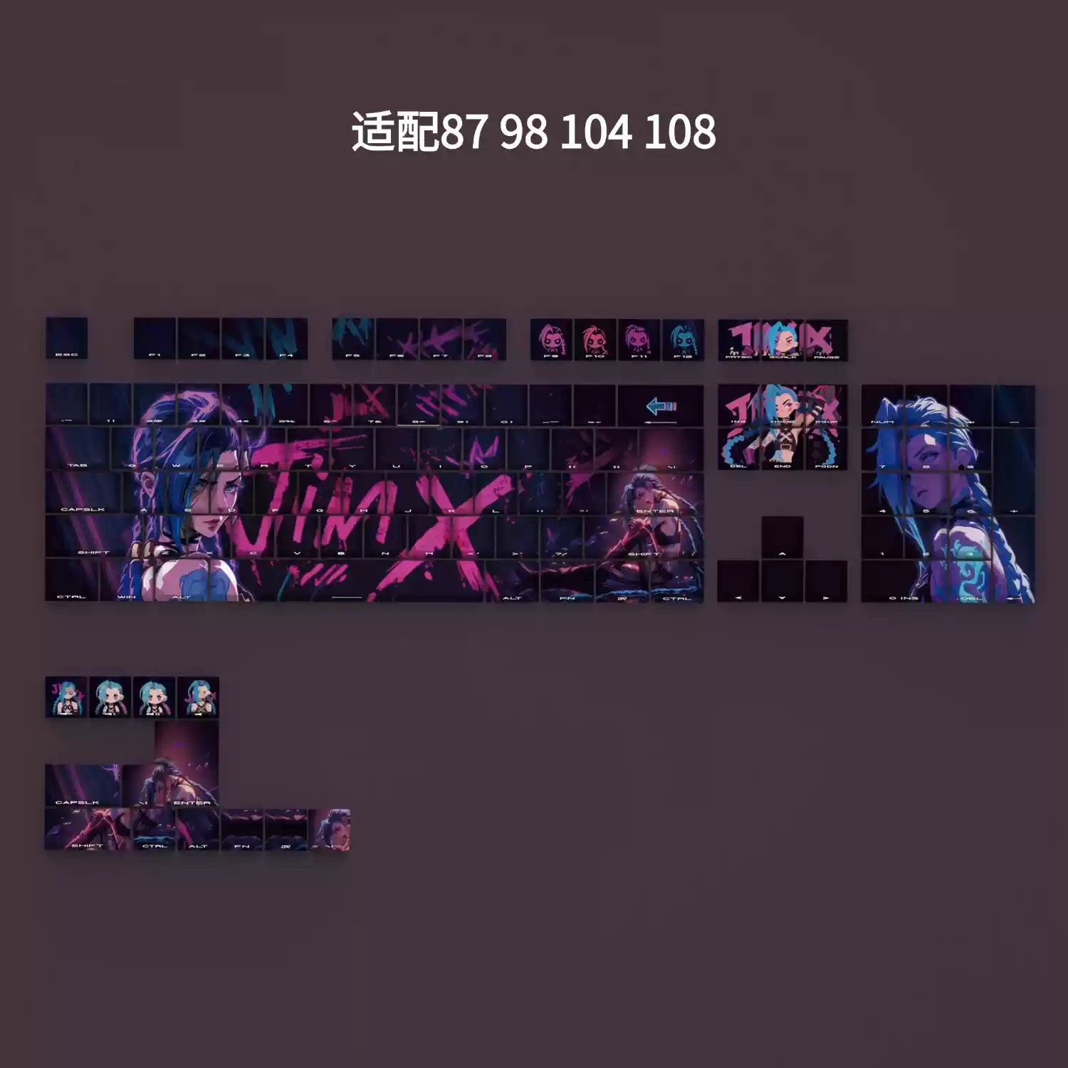 Jinx Anime PBT Side-Transparent Mechanical Keyboard Keycaps - OEM Height, Dye-Sublimation Printed for Gaming & Typing - Perfect for PC Gamers, Streamers & Office Work