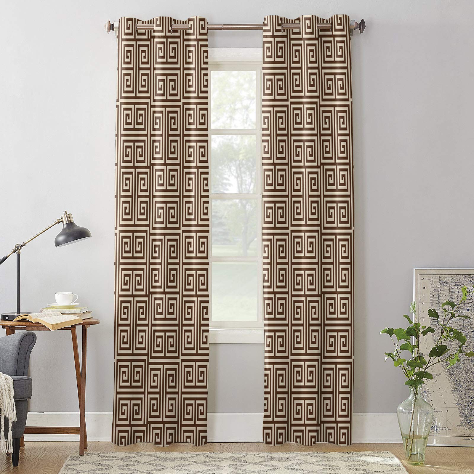Traditional Style Ethnic Grommet Top Window Curtains - 2 Panels Room Darkening Drapes in Geometric Square Brown Design for All Seasons | Perfect for Bedroom, Living Room & Home Decor