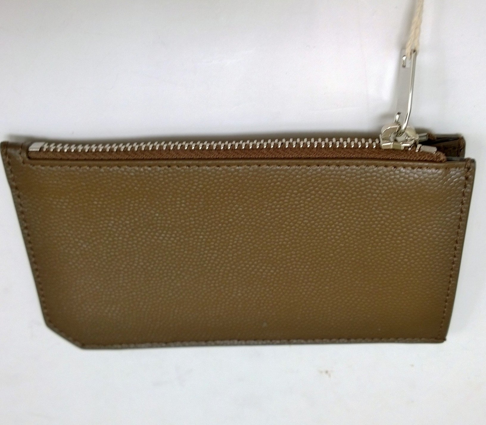 Saint Laurent Khaki Brown Leather Fragments Card Wallet with Dark Wood Case Holder - Perfect for Everyday Use & Luxury Gift Giving