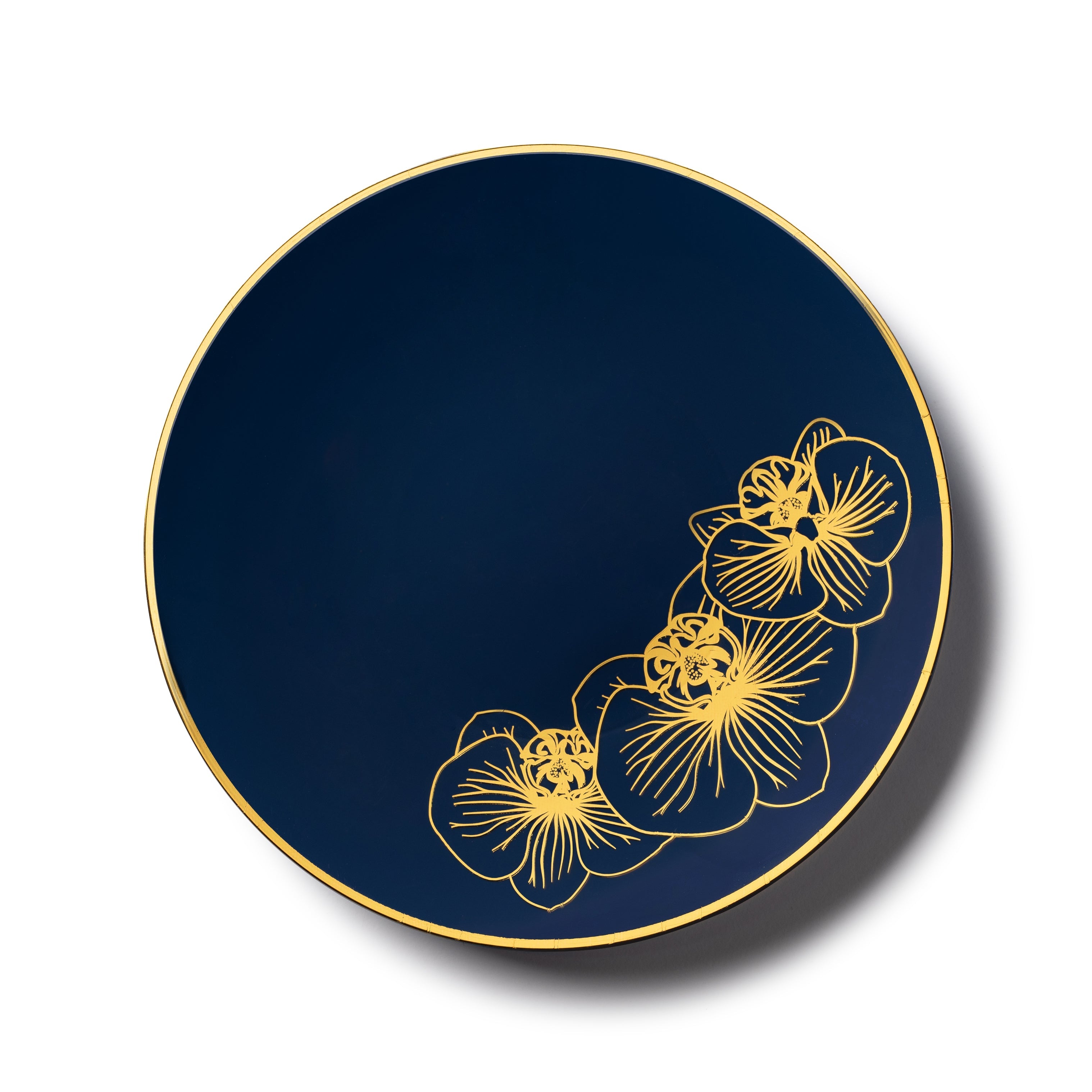 Royal Blue and Gold Round Plastic Plates - Elegant Disposable Dinnerware for Parties, Weddings & Events - Orchid Floral Design - 10-Pack