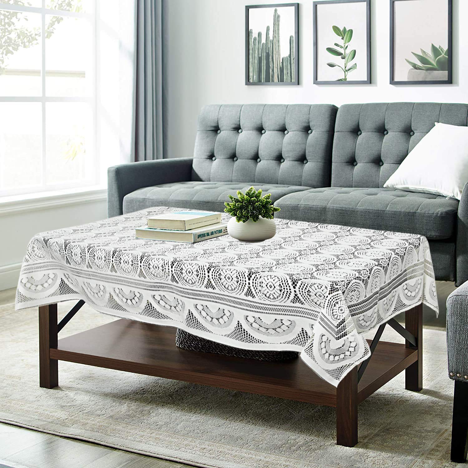 Stylish White Circle Design Cotton 4-Seater Center Table Cover for Living Room - Perfect for Home Decor, Parties & Indoor Use