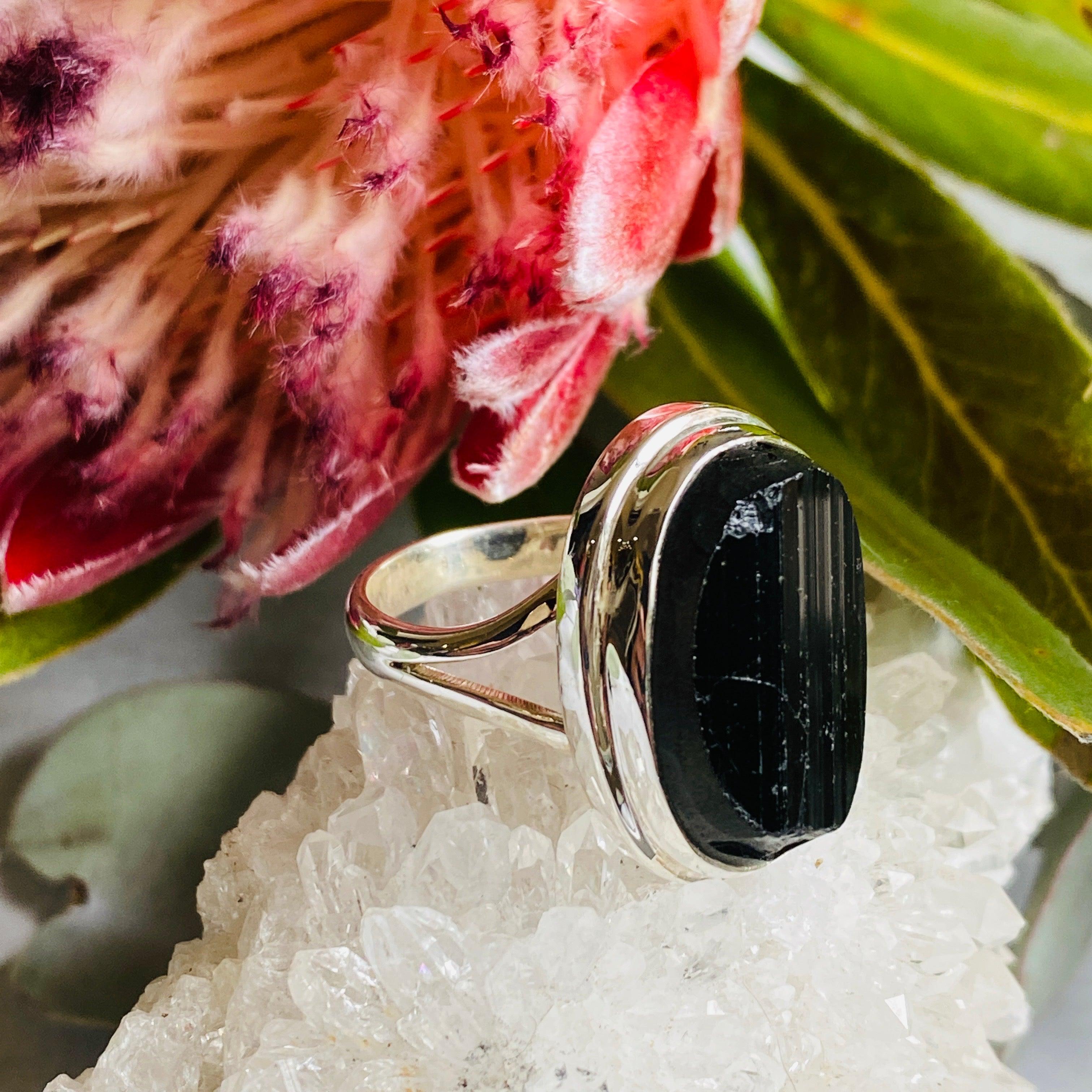 Natural Black Tourmaline Oval Raw Stone Ring - Size 11 (KRGJ2247) | Healing Crystal Jewelry for Protection & Grounding - Perfect for Meditation, Energy Work & Spiritual Gifts