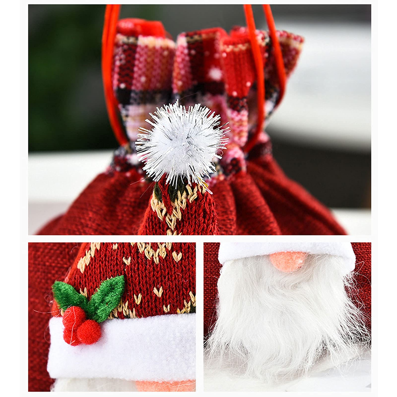 6 Pack Christmas Candy Bags - Burlap Drawstring Gift Bags with 3D Faceless Doll Design for Holiday Treats & Party Favors (Green, Red, Gray) - Perfect for Christmas Parties, Stocking Stuffers & Gift Exchanges