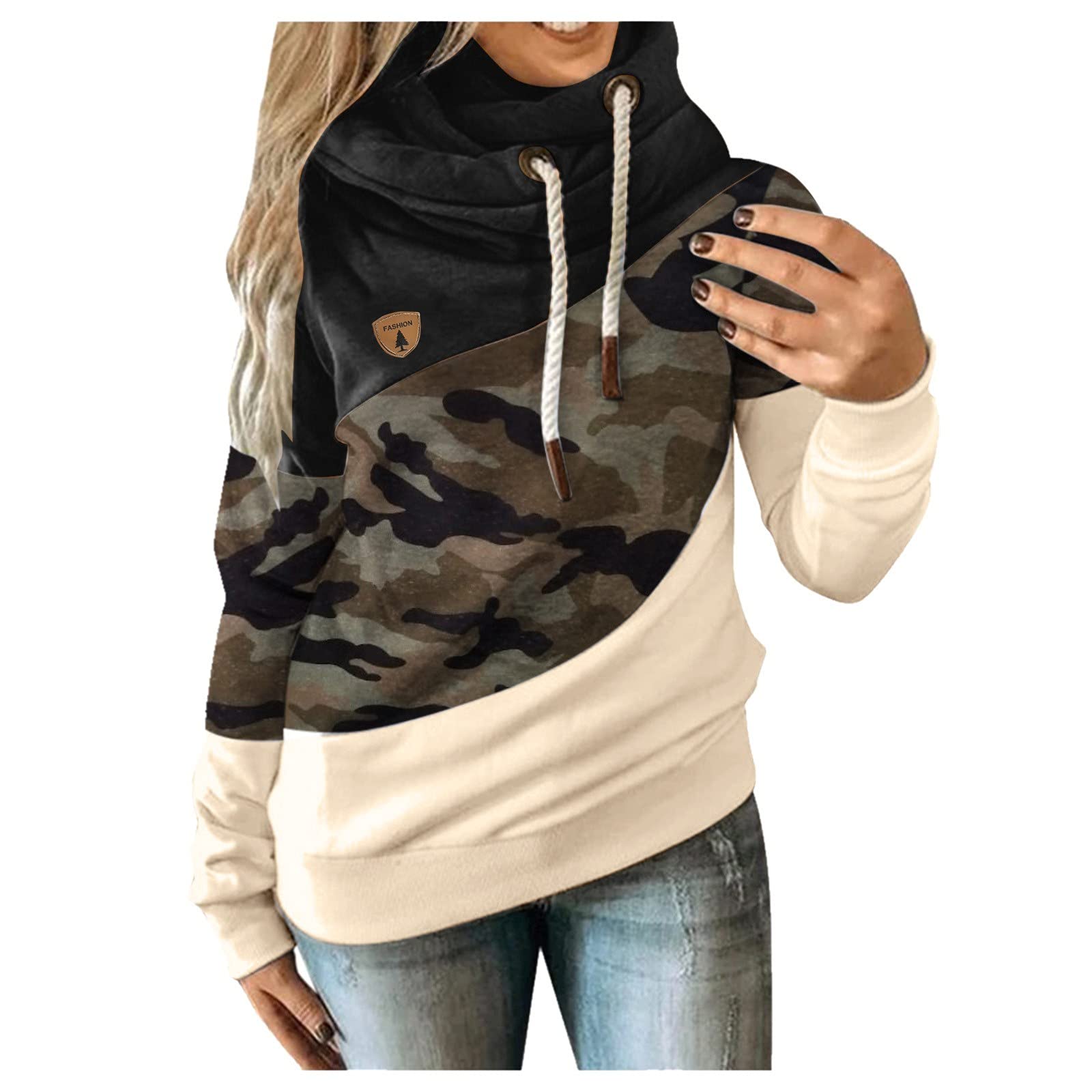 Women's Long Sleeve Contrast Strap Camouflage Zip Up Hoodie - Casual Streetwear Sweatshirt for Outdoor Activities, Gym & Everyday Fashion