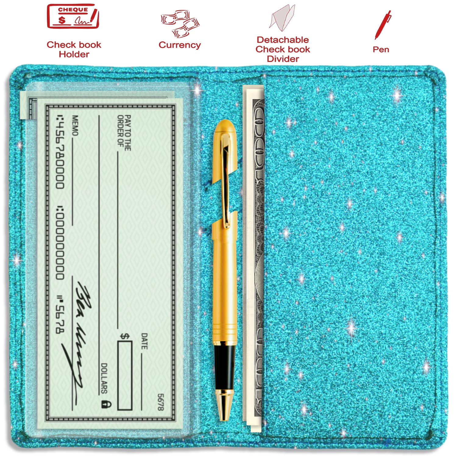 Sanlykate Glitter Checkbook Cover for Women - RFID Blocking PU Leather Checkbook Holder with Pen Loop & Free Divider - Perfect for Everyday Use, Office, and Gift Giving (Blue)